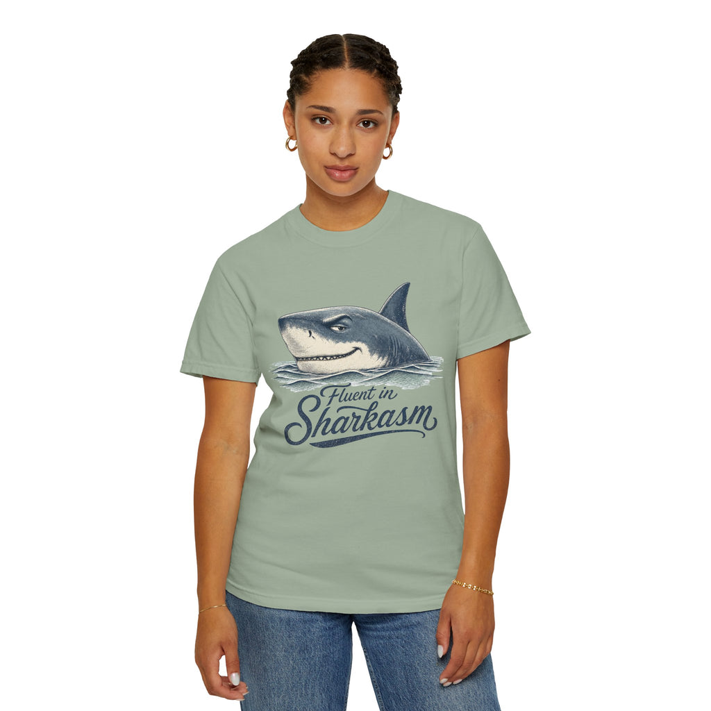 Fluent in Sharkasm Shirt — Funny Shark Graphic Tee, Beach Gift for Ocean Lovers