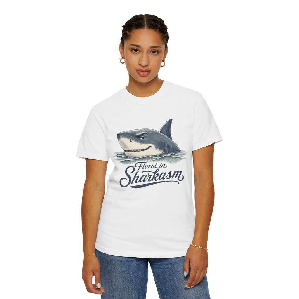 Fluent in Sharkasm Shirt — Funny Shark Graphic Tee, Beach Gift for Ocean Lovers