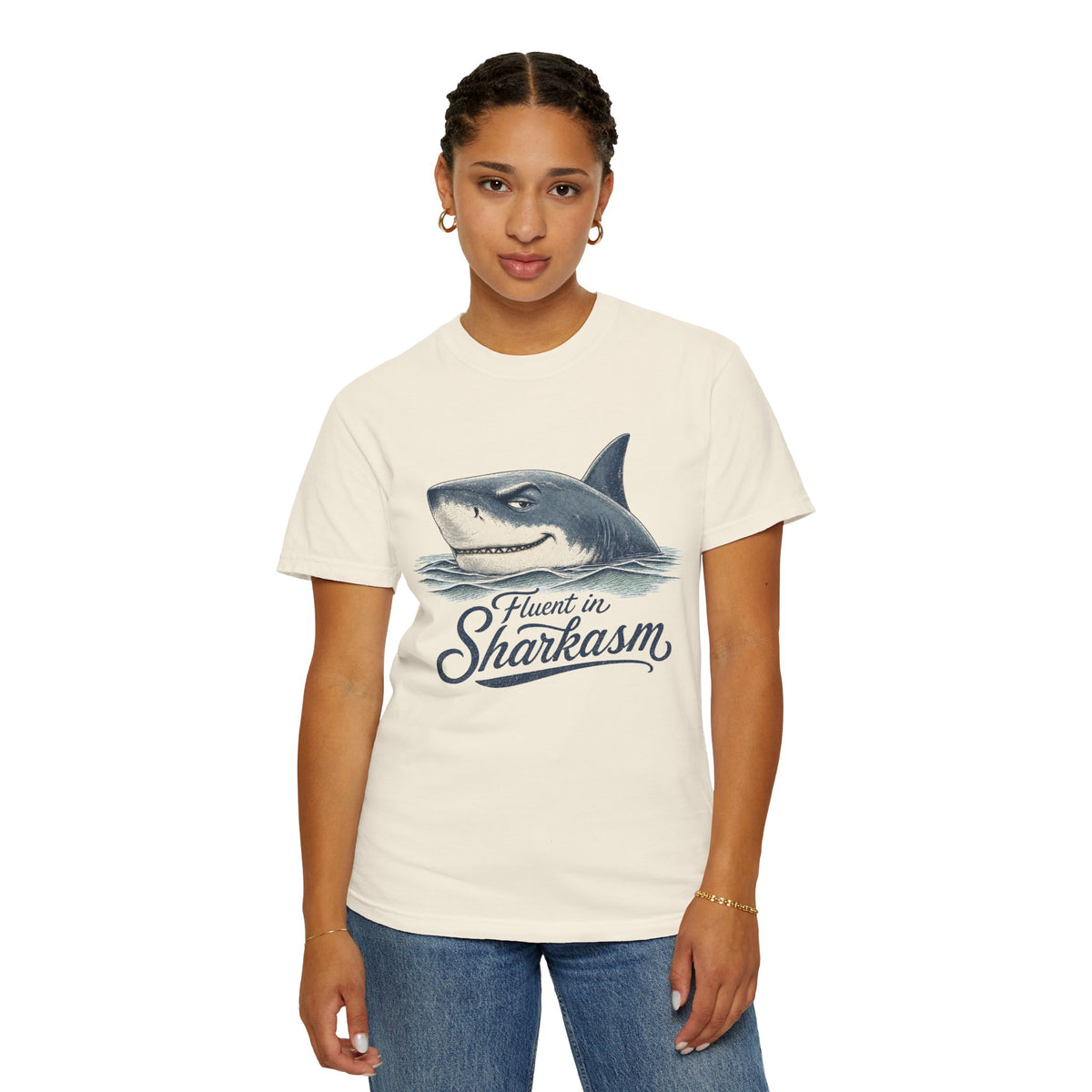 Fluent in Sharkasm Shirt — Funny Shark Graphic Tee, Beach Gift for Ocean Lovers