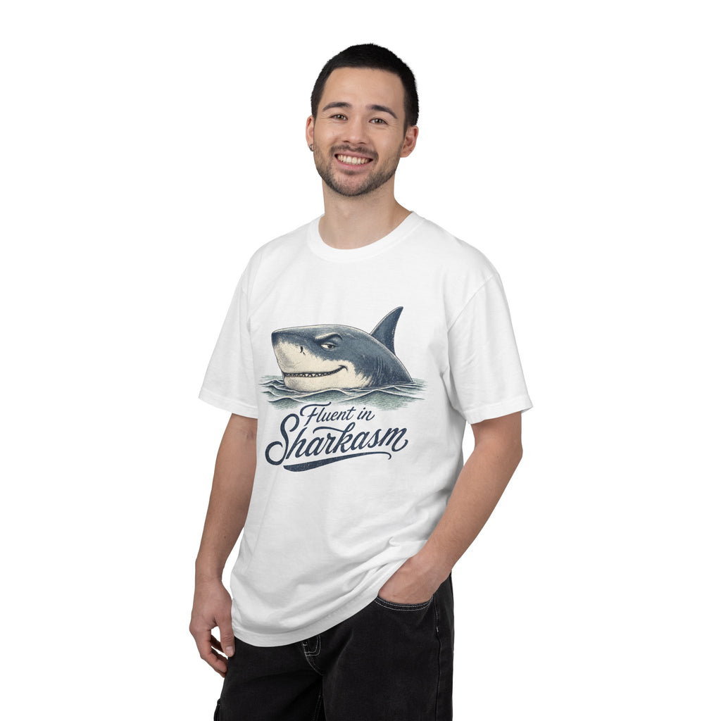 Fluent in Sharkasm Shirt — Funny Shark Graphic Tee, Beach Gift for Ocean Lovers