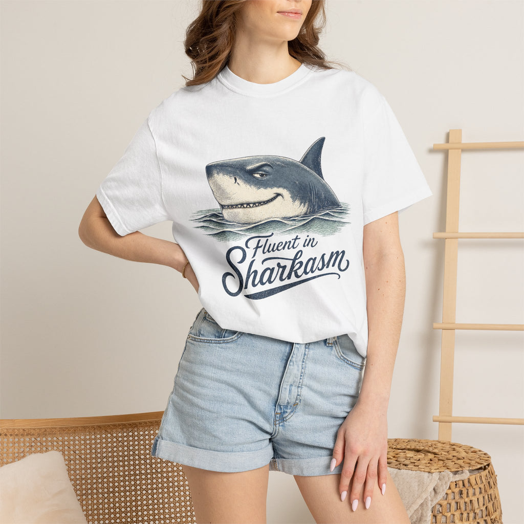 Fluent in Sharkasm Shirt — Funny Shark Graphic Tee, Beach Gift for Ocean Lovers
