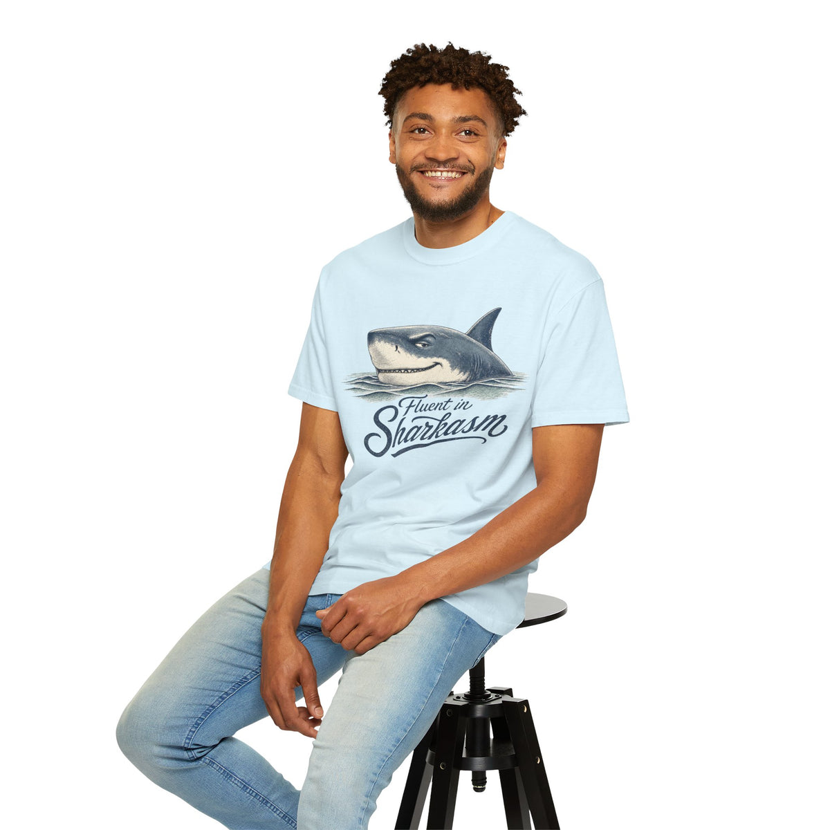 Fluent in Sharkasm Shirt — Funny Shark Graphic Tee, Beach Gift for Ocean Lovers
