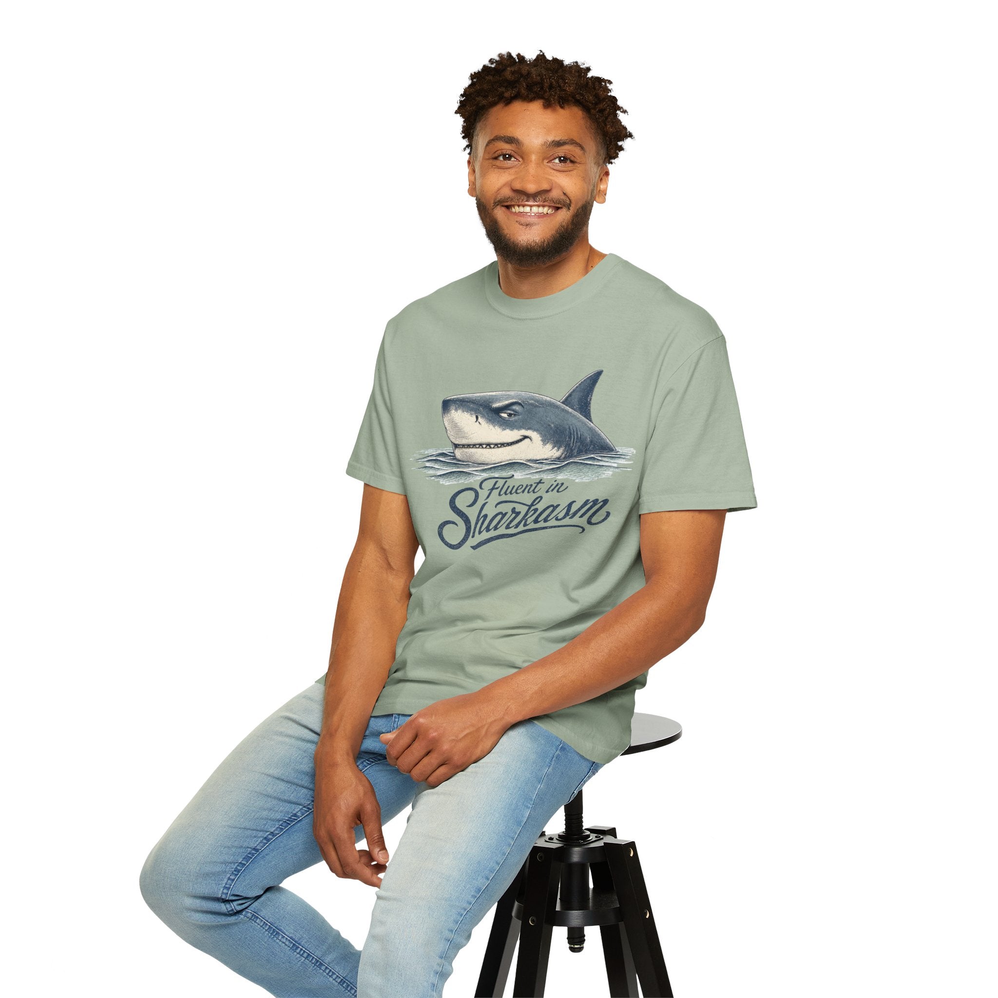 Fluent in Sharkasm Shirt — Funny Shark Graphic Tee, Beach Gift for Ocean Lovers