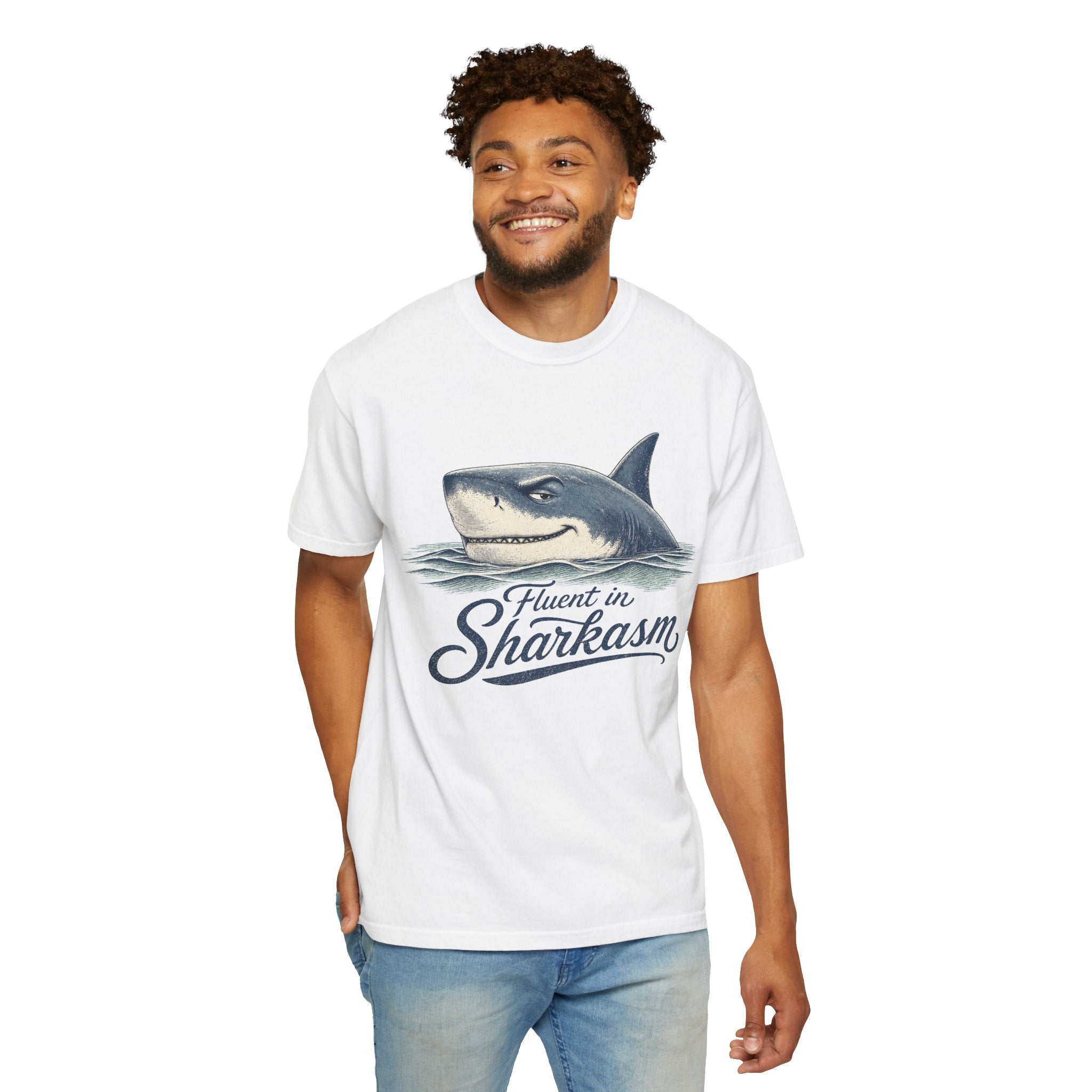 Fluent in Sharkasm Shirt — Funny Shark Graphic Tee, Beach Gift for Ocean Lovers