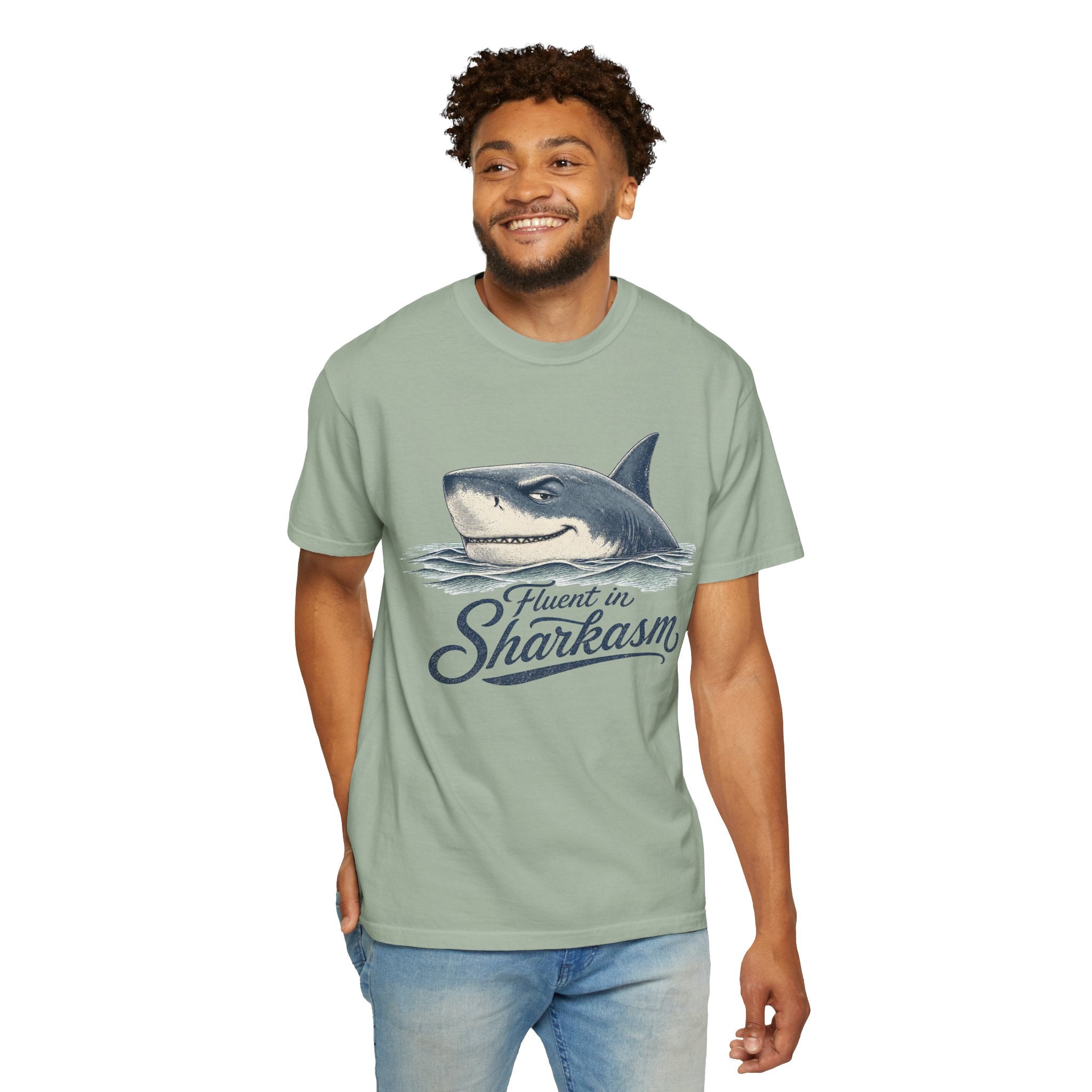 Fluent in Sharkasm Shirt — Funny Shark Graphic Tee, Beach Gift for Ocean Lovers