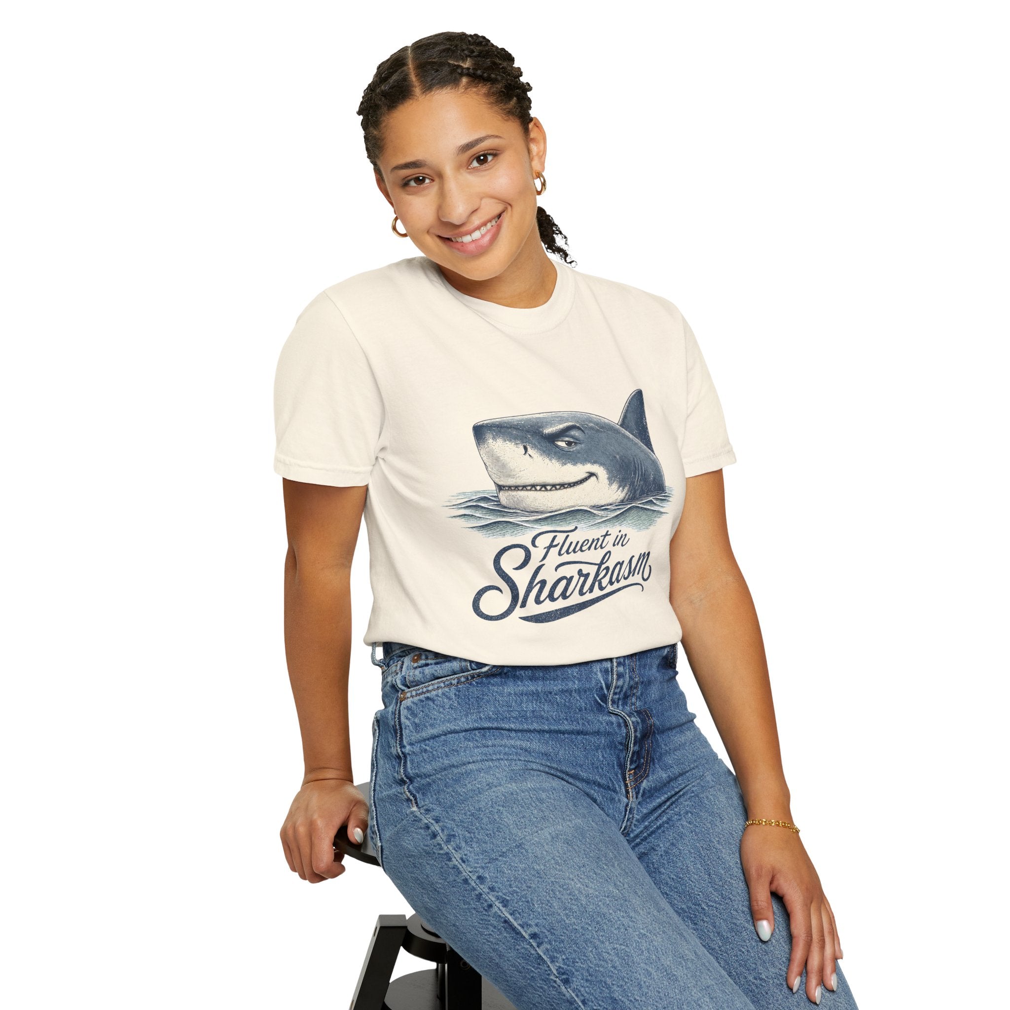 Fluent in Sharkasm Shirt — Funny Shark Graphic Tee, Beach Gift for Ocean Lovers