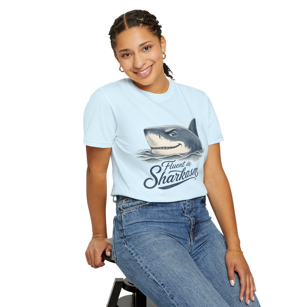 Fluent in Sharkasm Shirt — Funny Shark Graphic Tee, Beach Gift for Ocean Lovers
