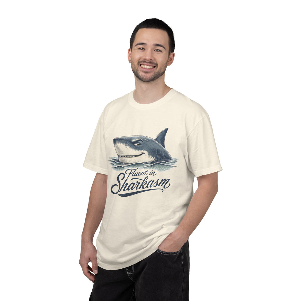 Fluent in Sharkasm Shirt — Funny Shark Graphic Tee, Beach Gift for Ocean Lovers