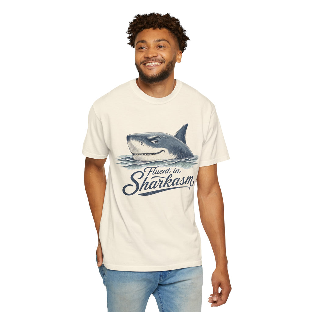 Fluent in Sharkasm Shirt — Funny Shark Graphic Tee, Beach Gift for Ocean Lovers