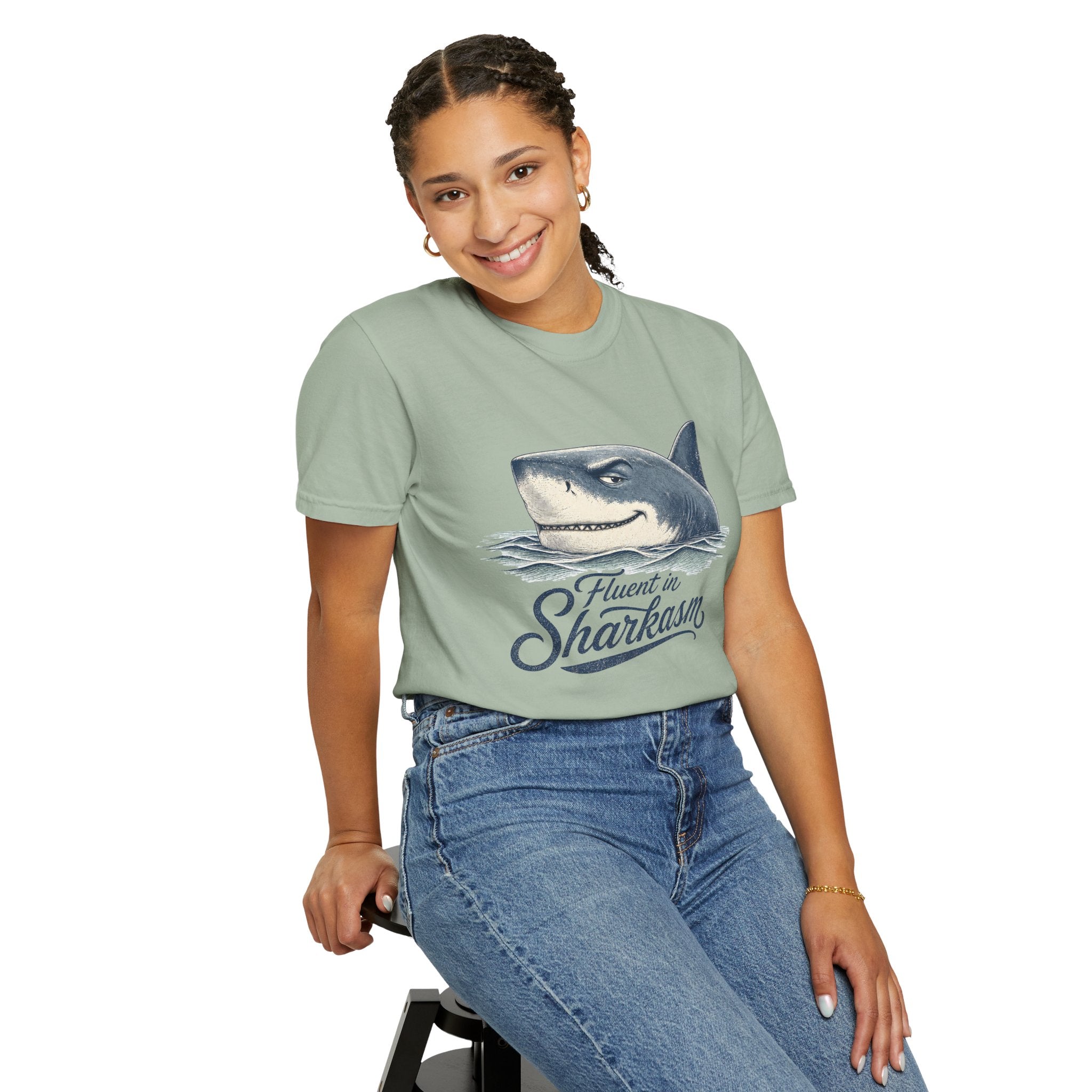 Fluent in Sharkasm Shirt — Funny Shark Graphic Tee, Beach Gift for Ocean Lovers