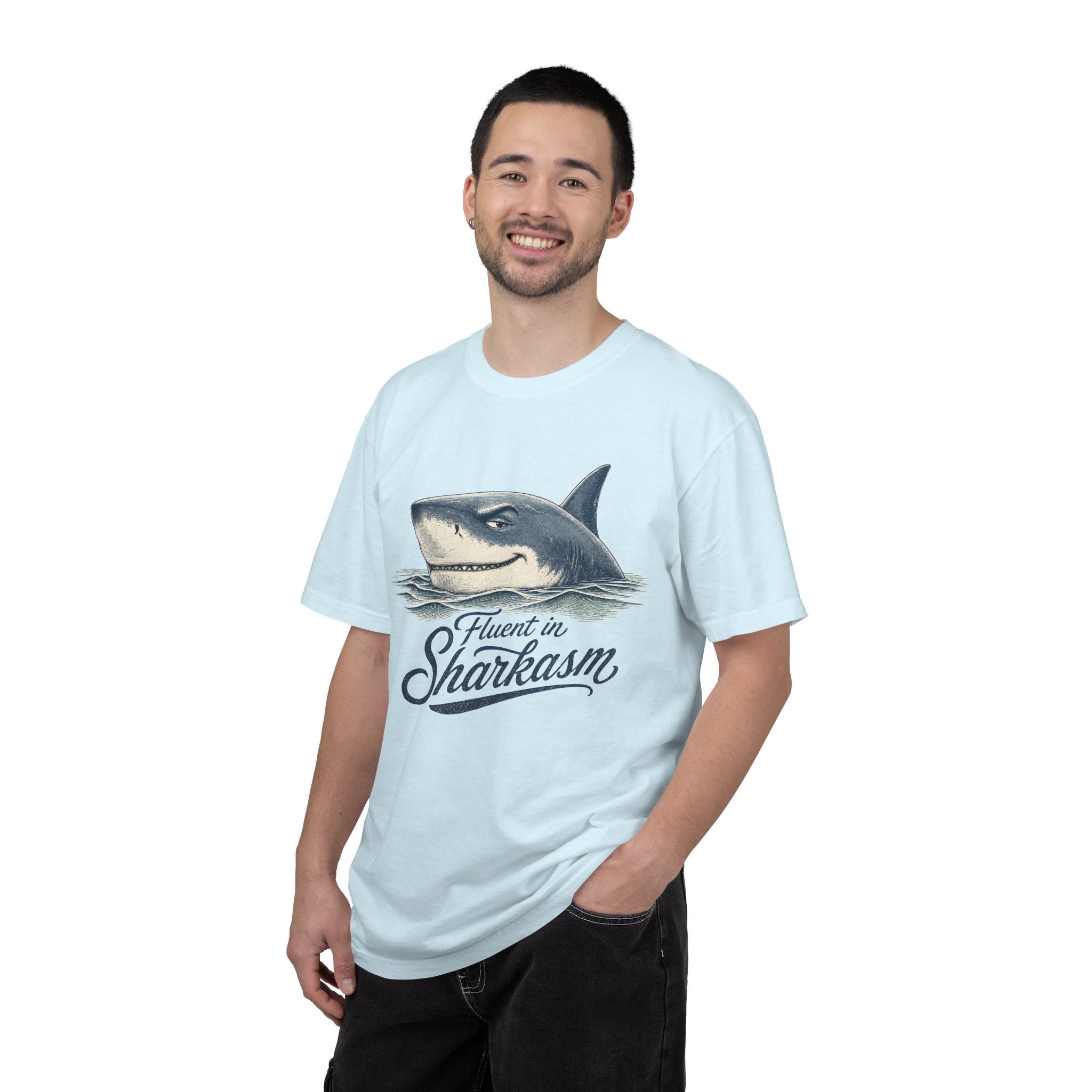 Fluent in Sharkasm Shirt — Funny Shark Graphic Tee, Beach Gift for Ocean Lovers