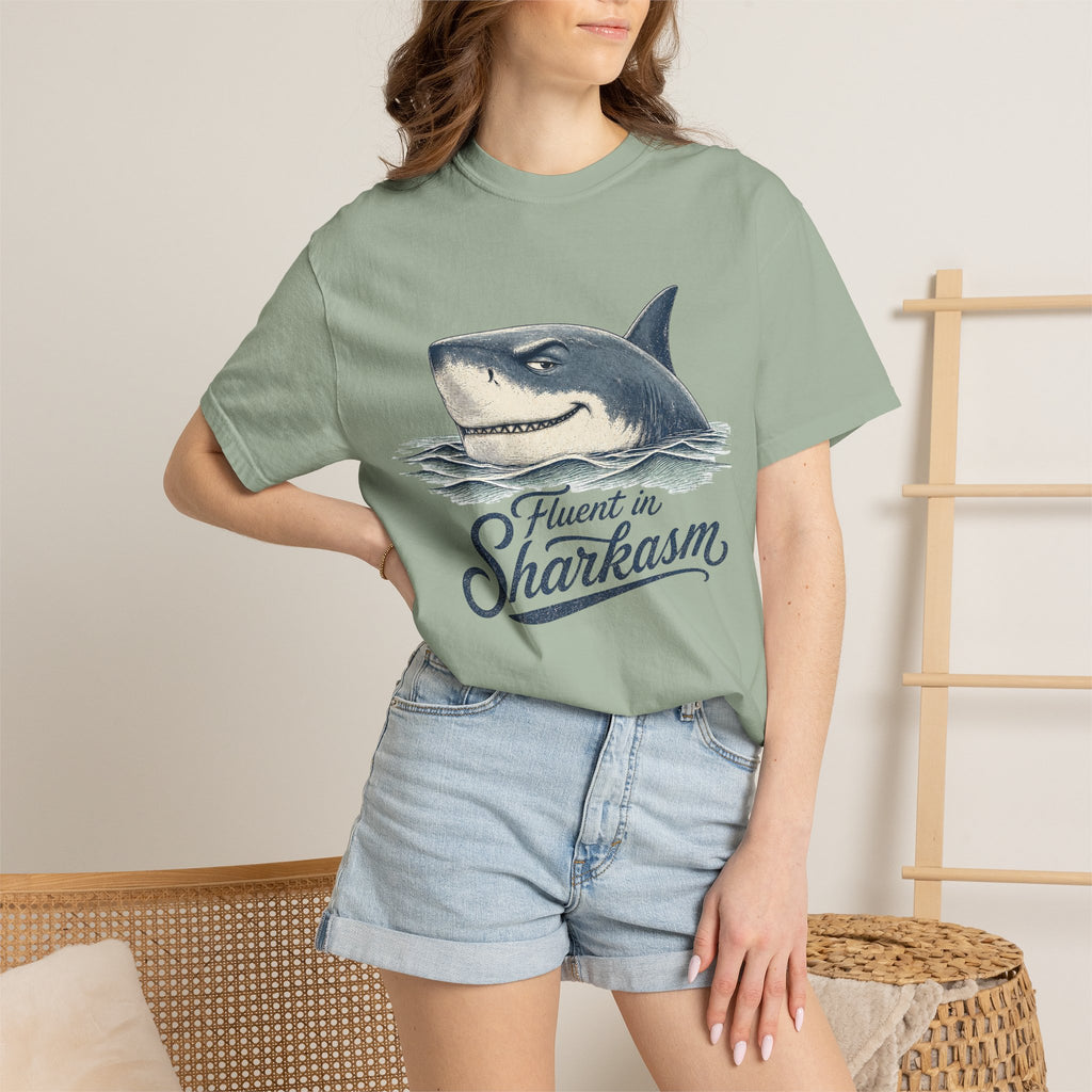 Fluent in Sharkasm Shirt — Funny Shark Graphic Tee, Beach Gift for Ocean Lovers