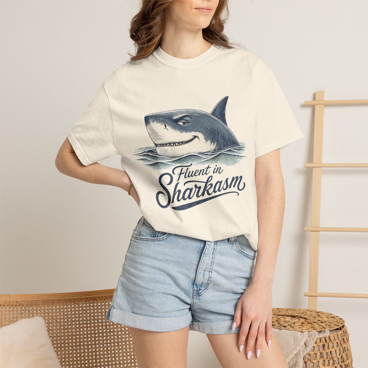Fluent in Sharkasm Shirt — Funny Shark Graphic Tee, Beach Gift for Ocean Lovers