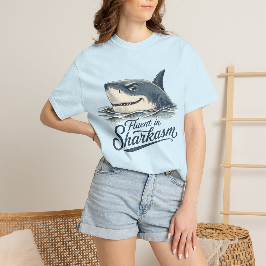 Fluent in Sharkasm Shirt — Funny Shark Graphic Tee, Beach Gift for Ocean Lovers