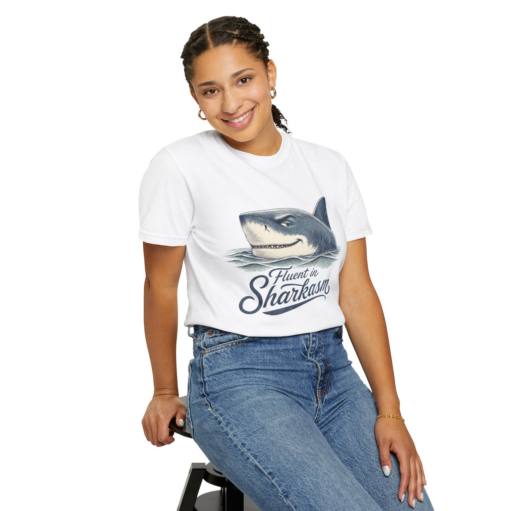 Fluent in Sharkasm Shirt — Funny Shark Graphic Tee, Beach Gift for Ocean Lovers