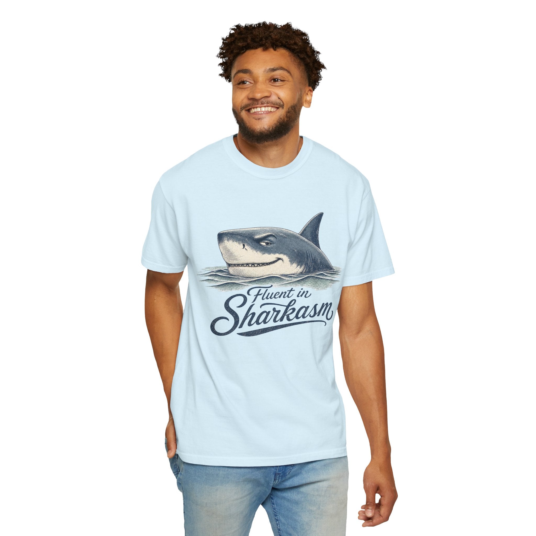 Fluent in Sharkasm Shirt — Funny Shark Graphic Tee, Beach Gift for Ocean Lovers