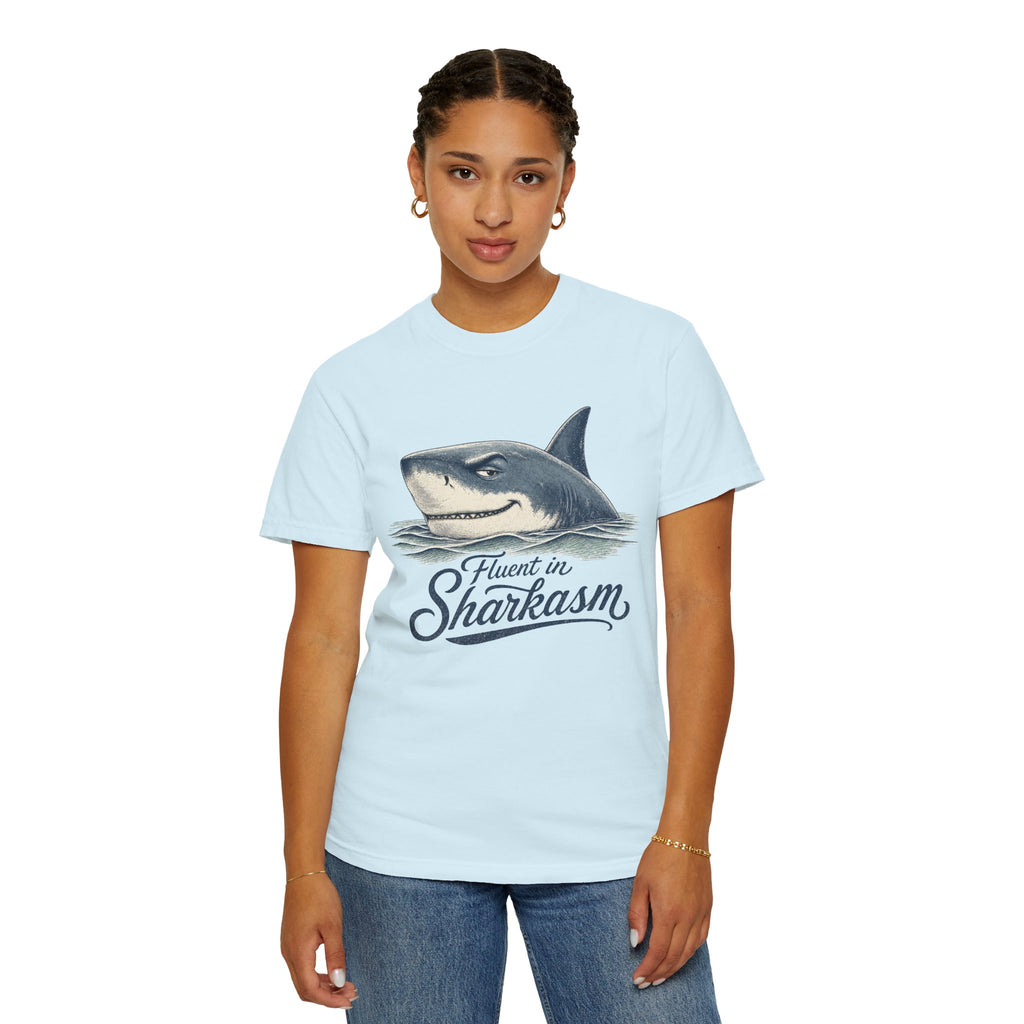Fluent in Sharkasm Shirt — Funny Shark Graphic Tee, Beach Gift for Ocean Lovers