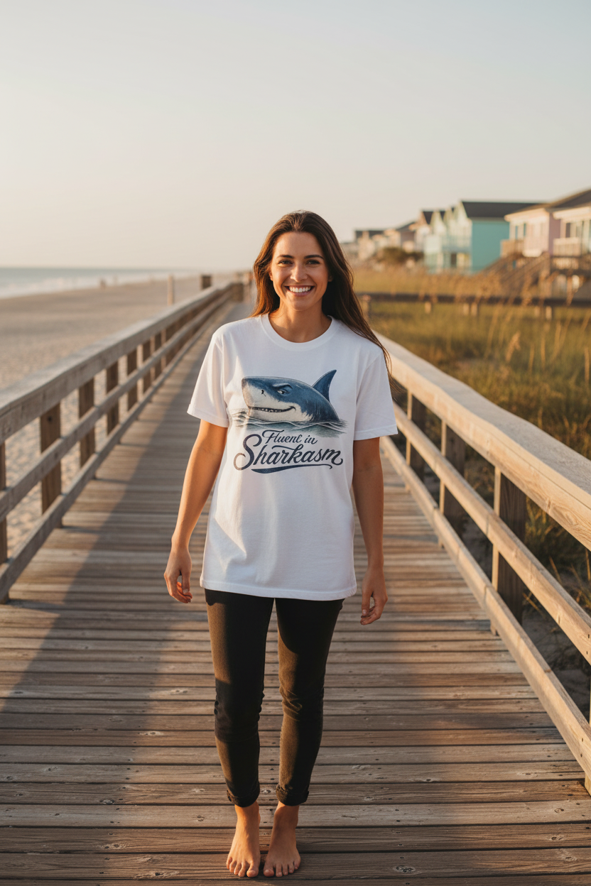Woman wearing Fluent in Sharkasm graphic tee on a sunny beach boardwalk